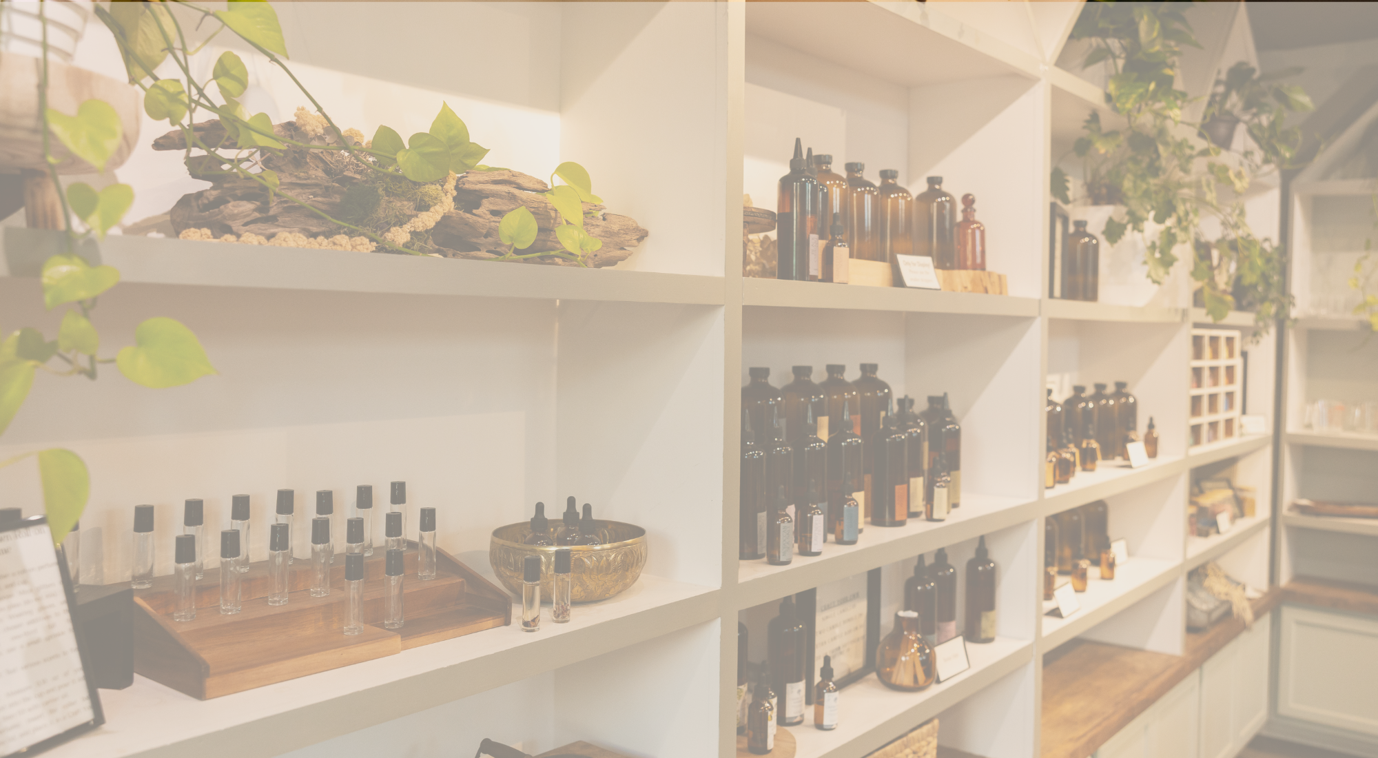 Shelves with various bottles and decorative items in a store setting